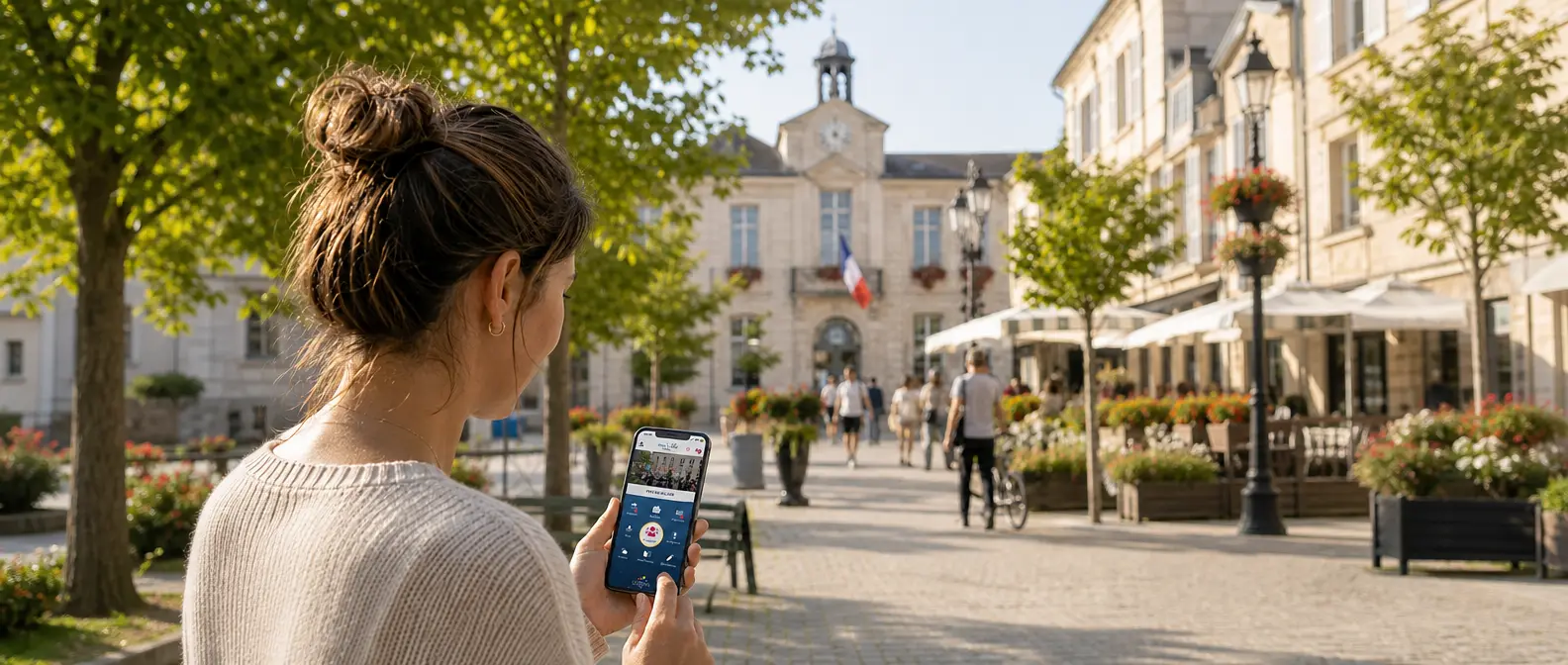 Photo d'une habitante qui utilise MaVilleConnectée sur son smartphone dans sa commune