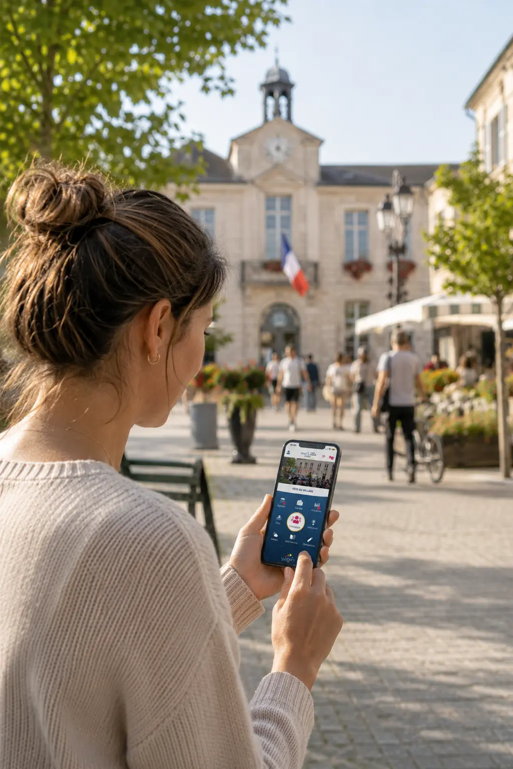 Photo d'une femme dans une petite commune qui utilise MaVilleConnectée sur son smartphone