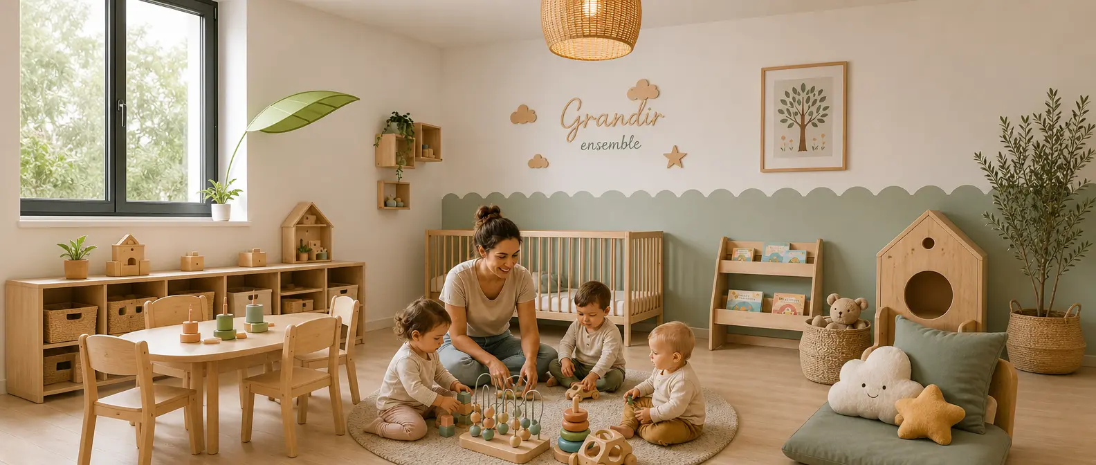 Photo d'une animatrice avec des enfants dans une crèche