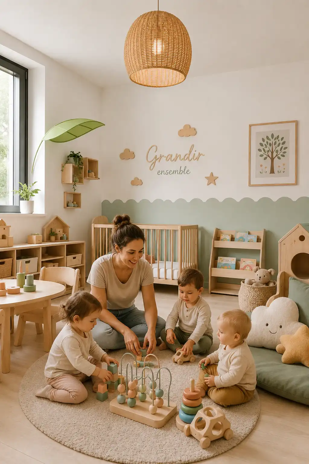Photo d'une animatrice avec des enfants dans une crèche