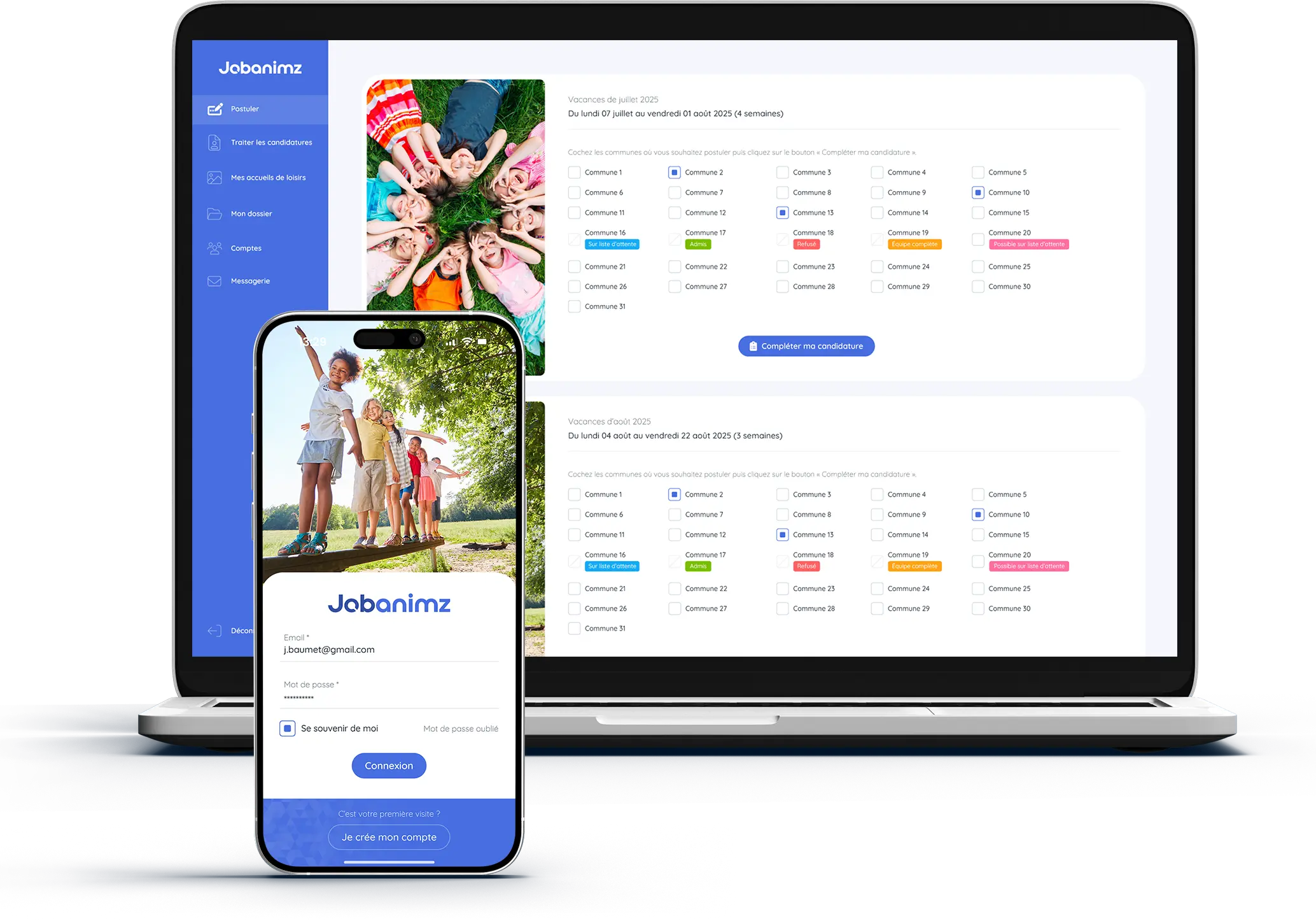 Captures d’écran de Jobanimz sur smartphone et ordinateur