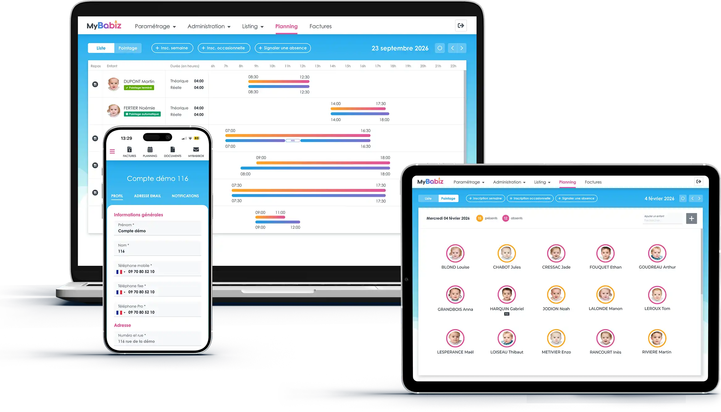 Captures d'écran de MyBabiz sur smartphone, tablette et ordinateur