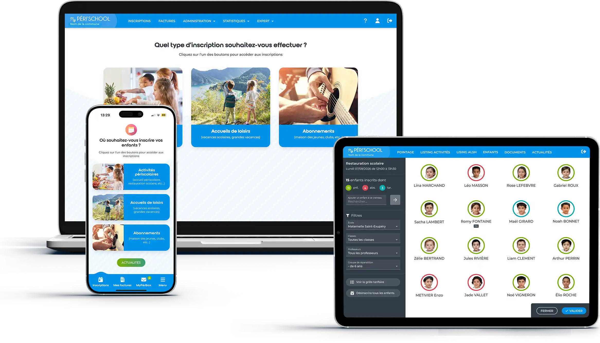 Captures d’écran de MyPérischool sur smartphone, ordinateur et tablette