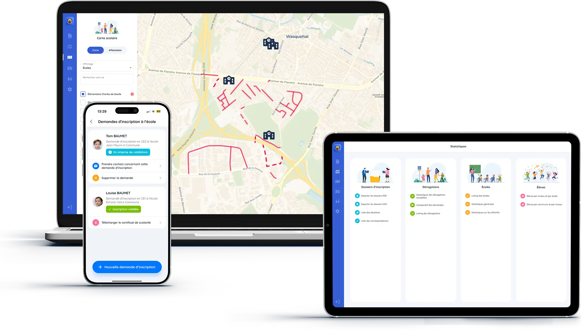 Captures d’écran de Scolariz sur smartphone, ordinateur et tablette